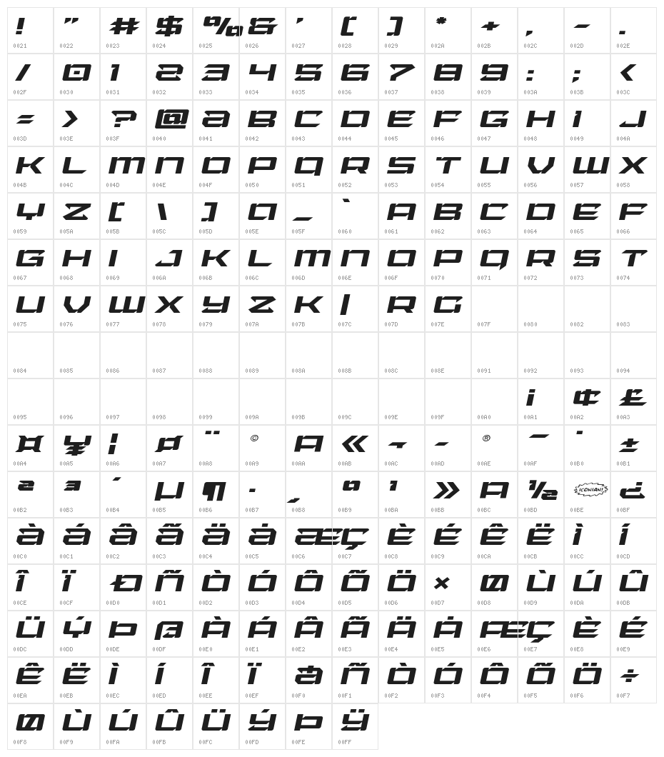 Laser Wolf Expanded Italic Character Map