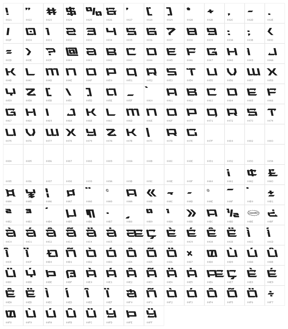 Laser Wolf Leftalic Character Map