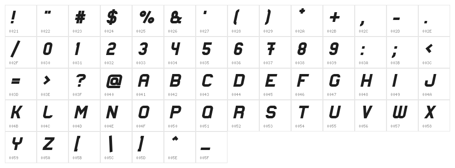 Lastwaerk black Oblique Character Map