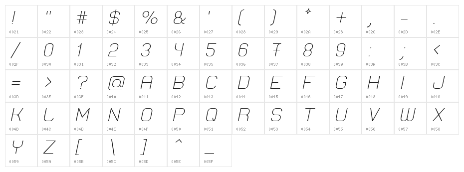 Lastwaerk light Oblique Character Map