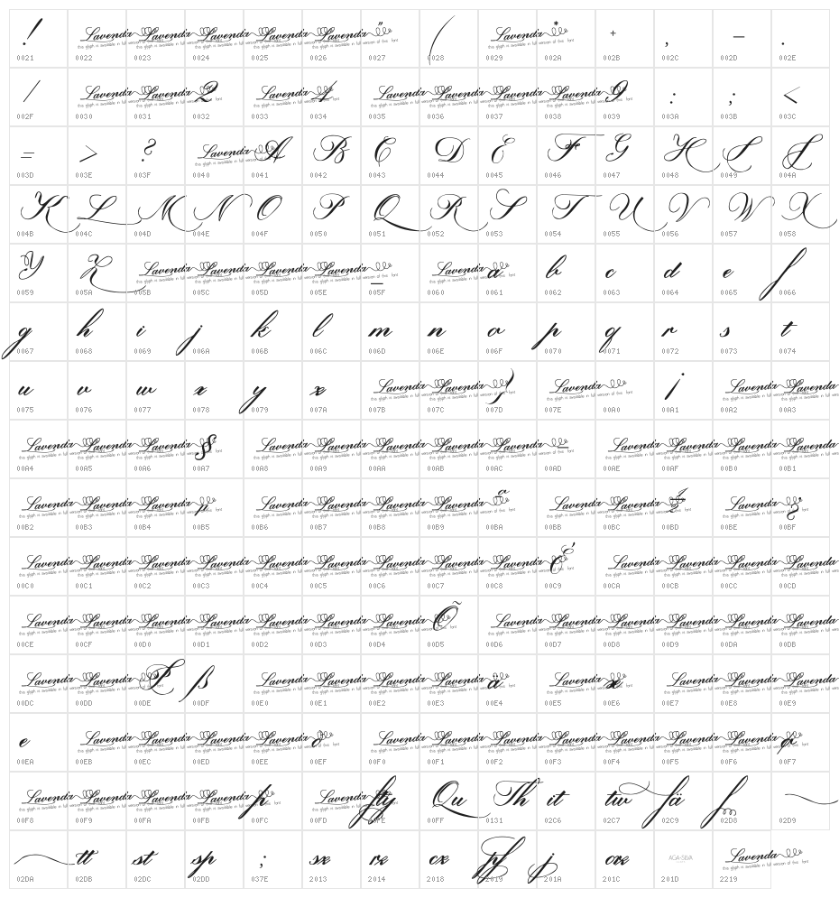 Lavenda Demo-FreeForPersonalUse Character Map