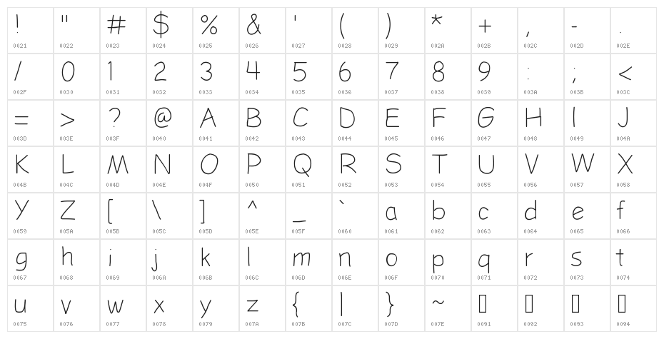 LDFComicSansHairline Character Map