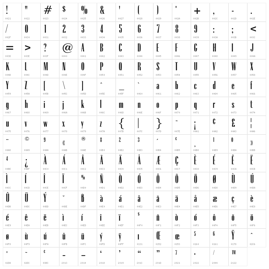 LESterOpti-Condensed Character Map