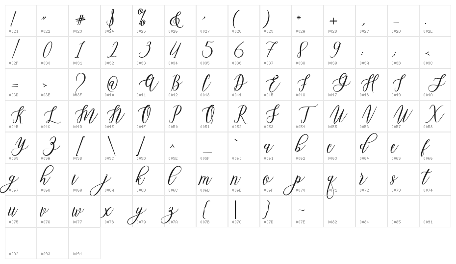 LeadentScript-Light Character Map