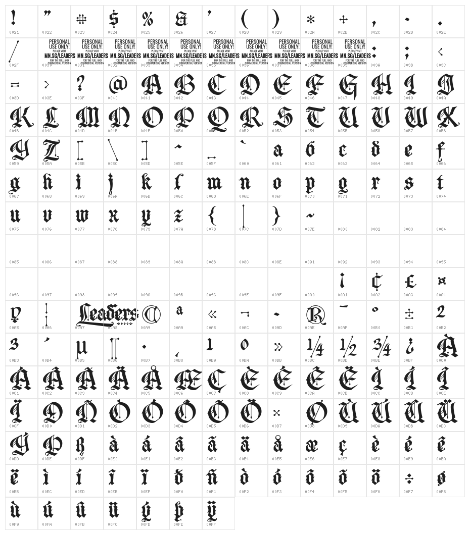 Leaders PERSONAL USE ONLY Character Map