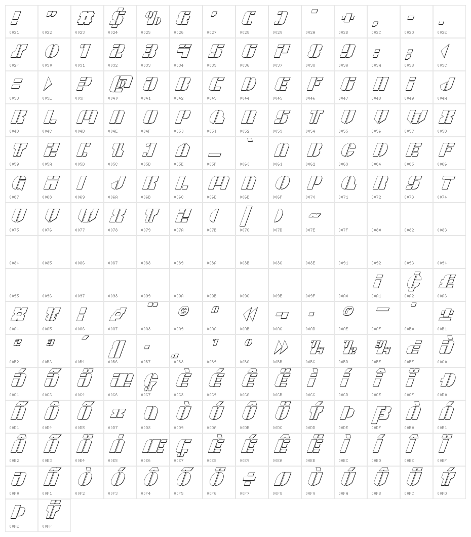 League Wars 3D Italic Character Map