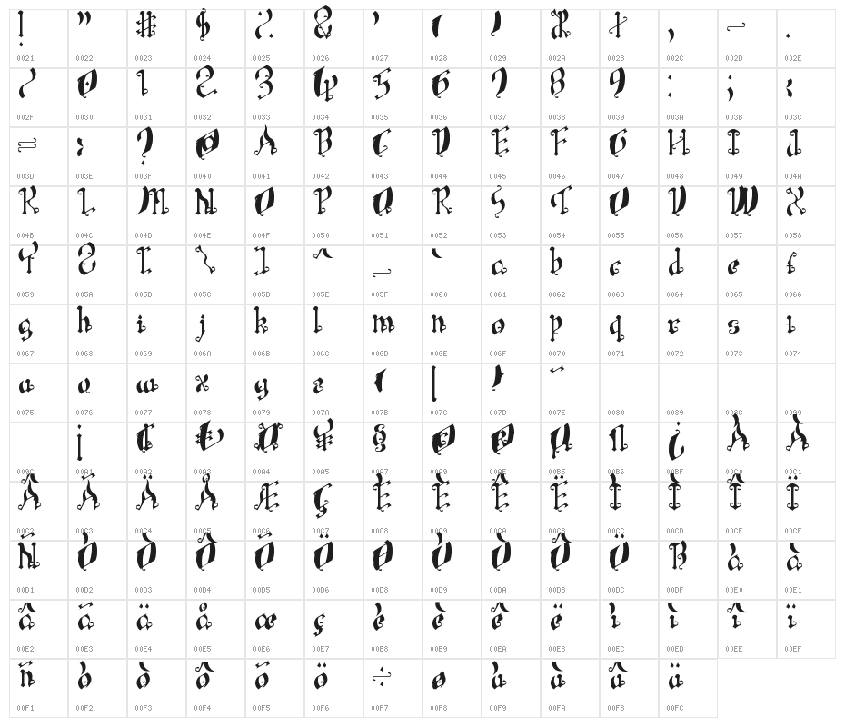 LeaningSimpleGothicFont Character Map
