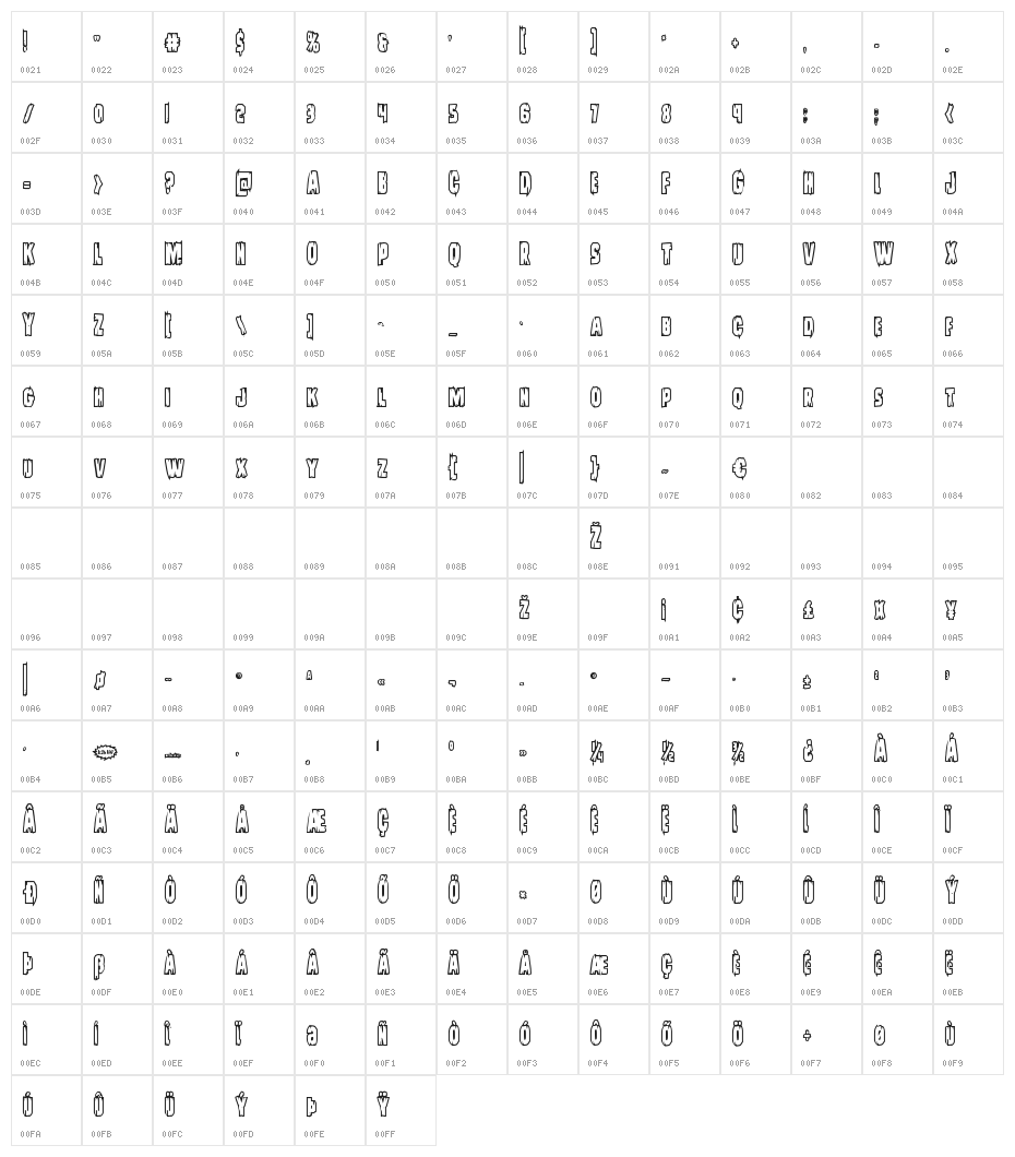 Leatherface Bold Outline Character Map