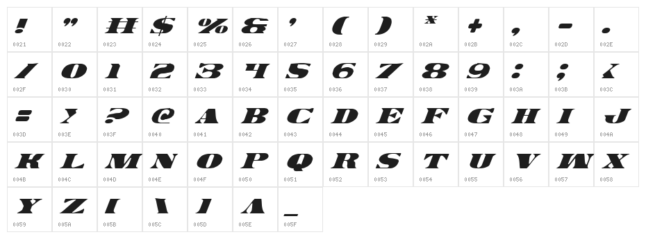Legal Tender Italic Character Map