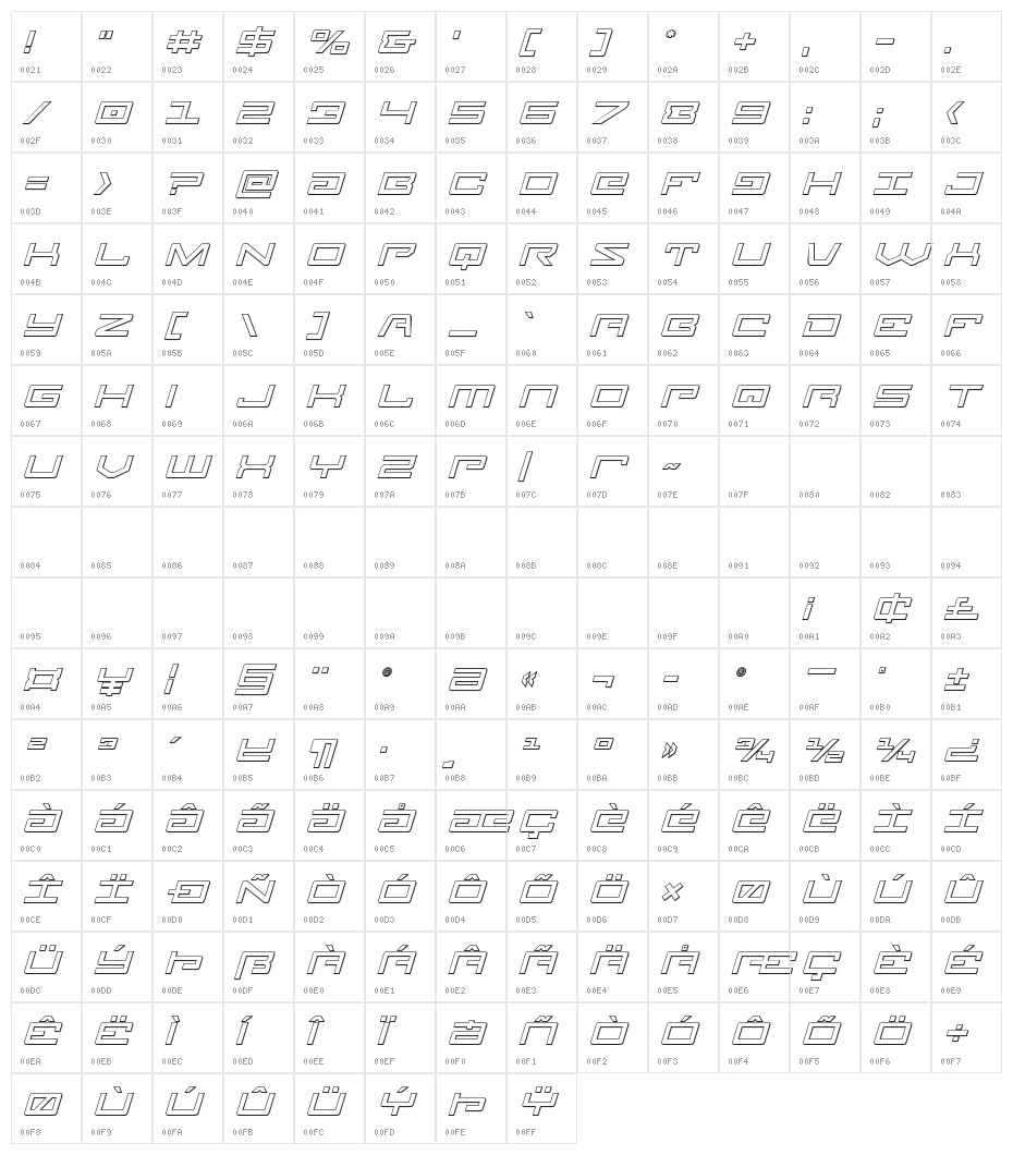 Legion 3D Italic Character Map