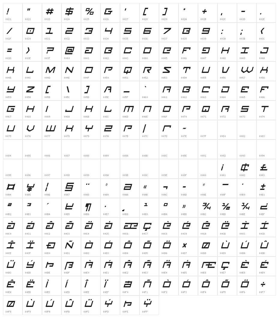 Legion Condensed Italic Character Map