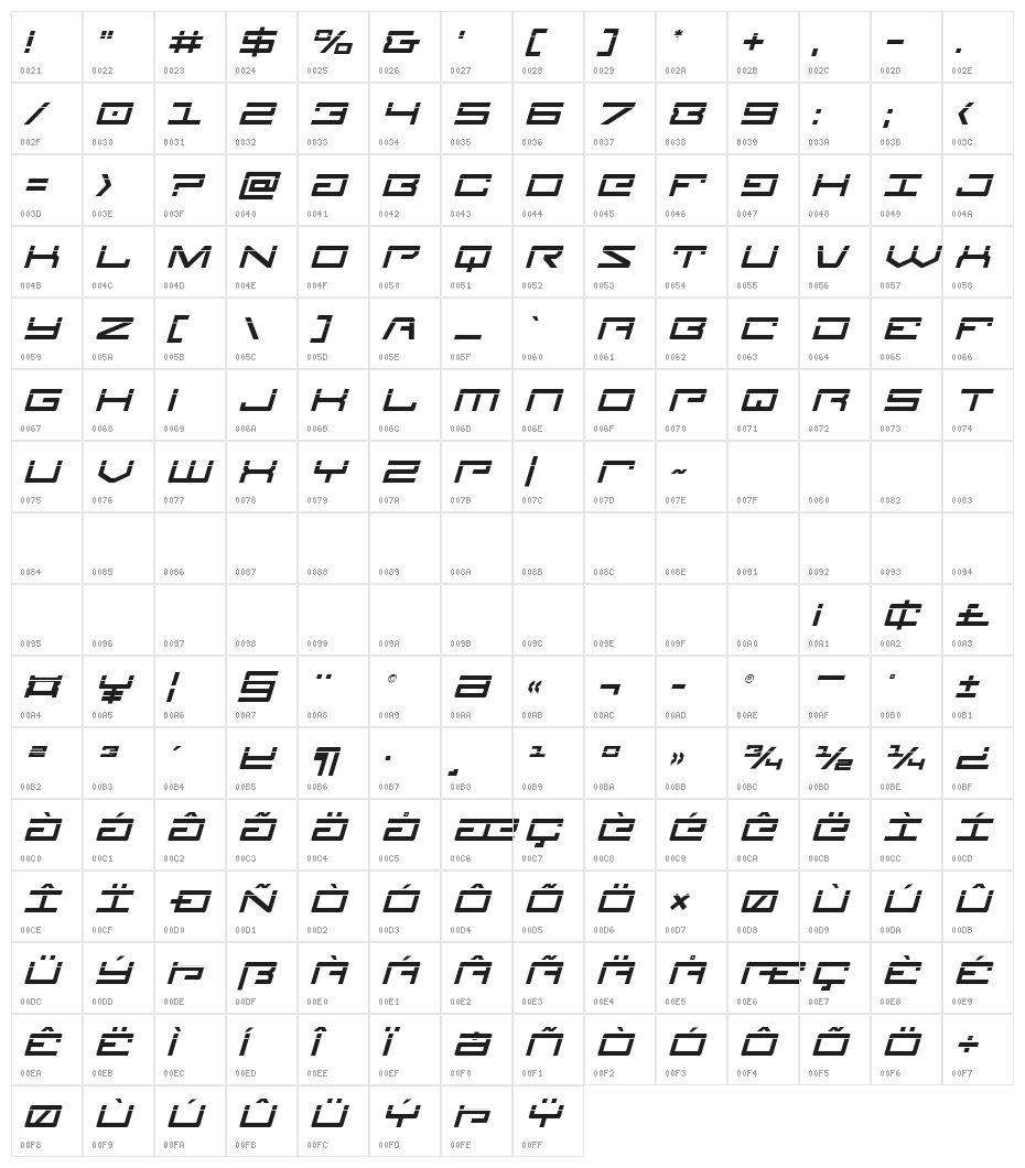 Legion Laser Italic Character Map