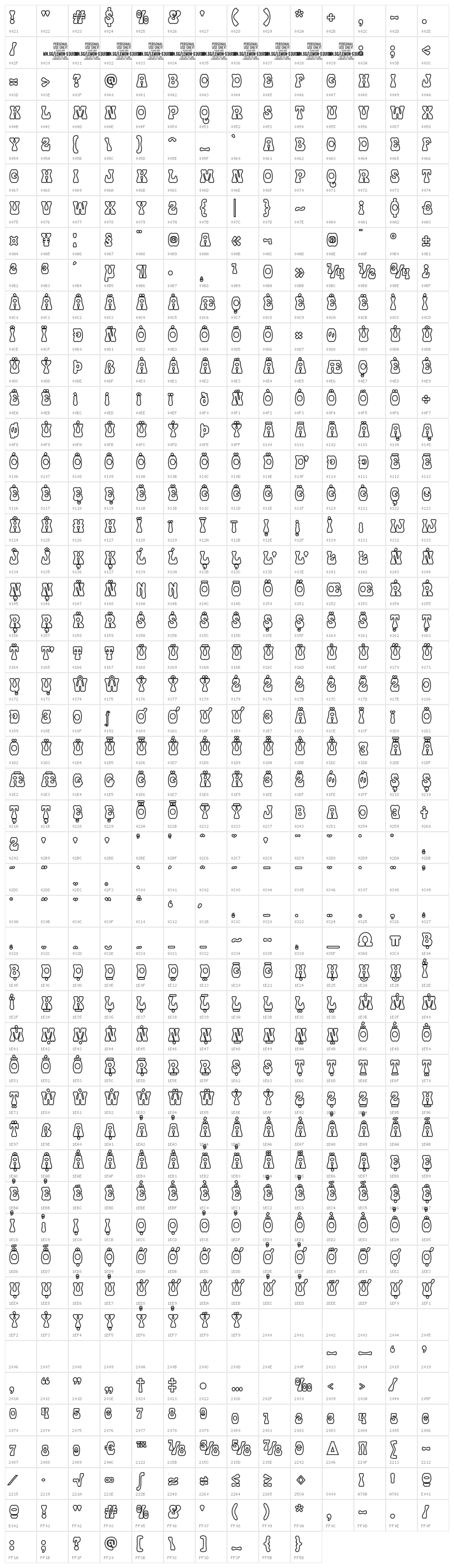 Lemon Squish Outline PERSONAL Regular Character Map