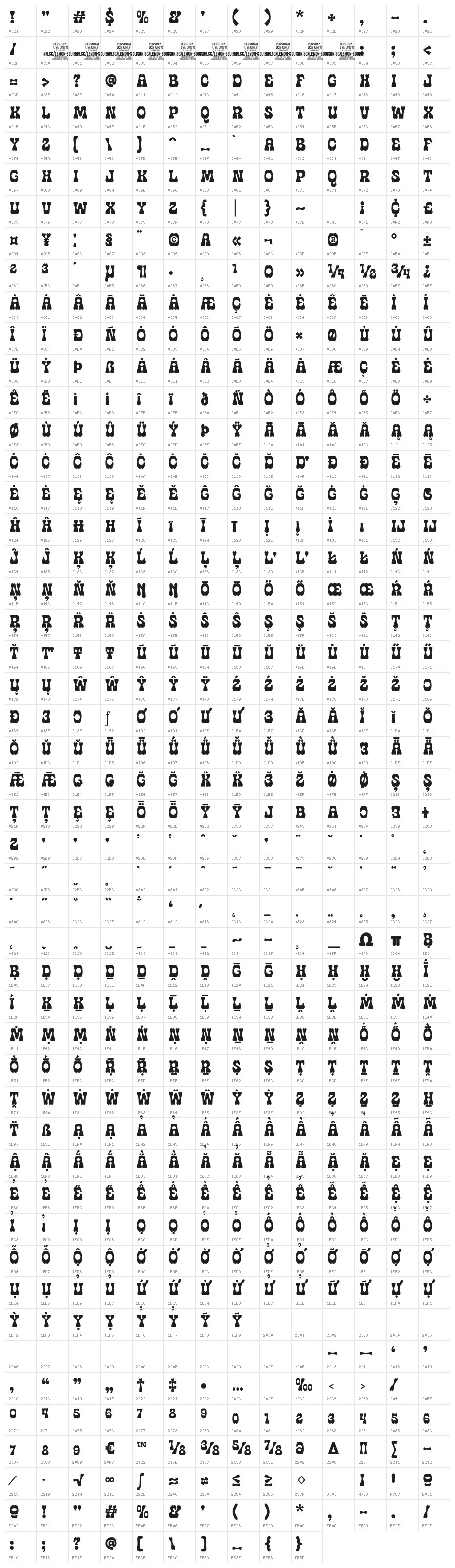 Lemon Squish PERSONAL USE Regular Character Map