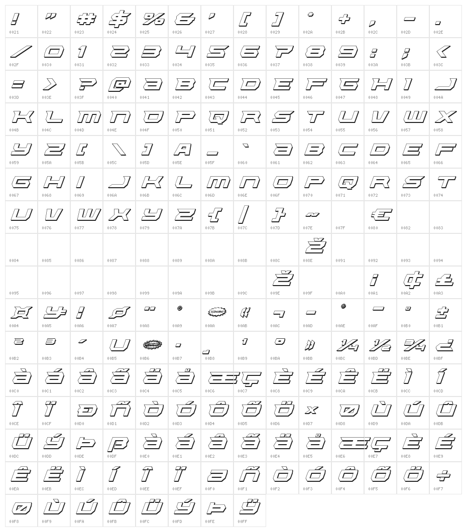 Lethal Force 3D Italic Character Map