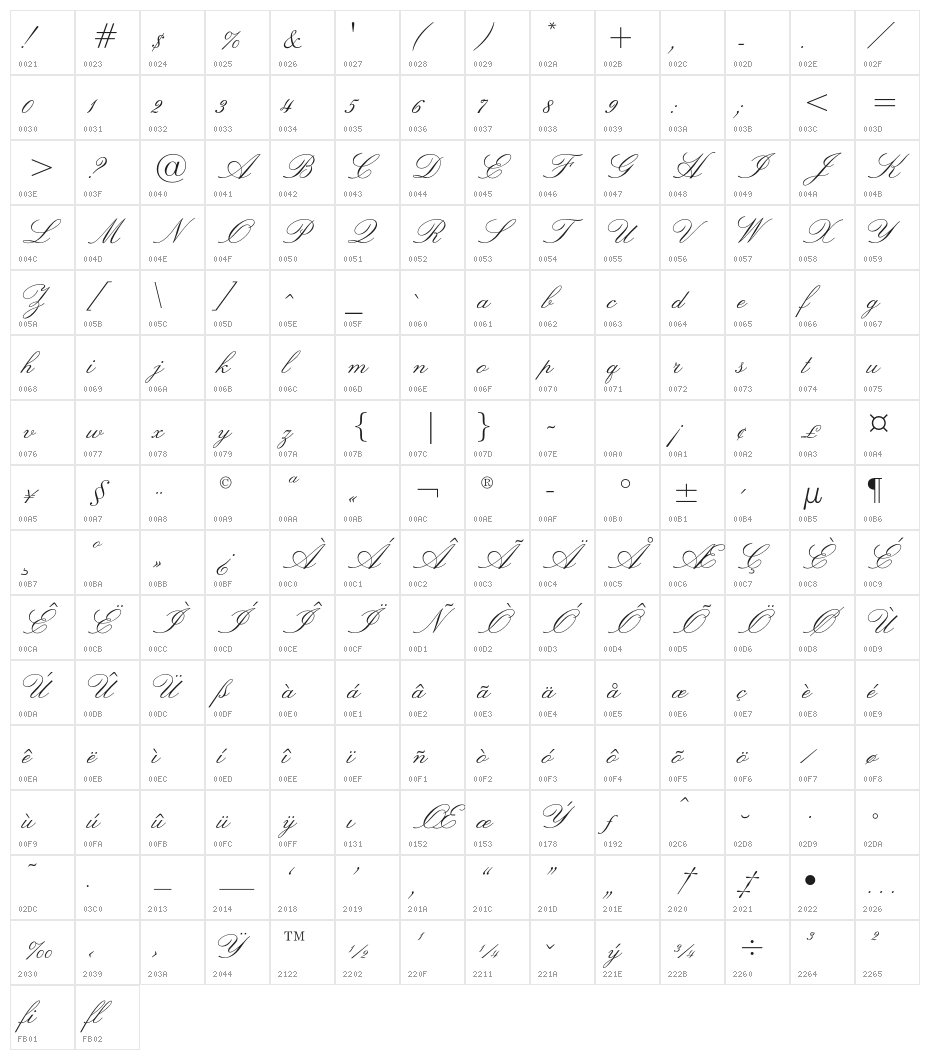 LeviScriptOpti Character Map