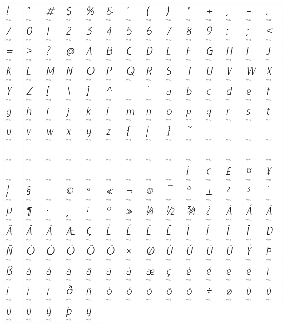 LIEUR Light Italic Character Map