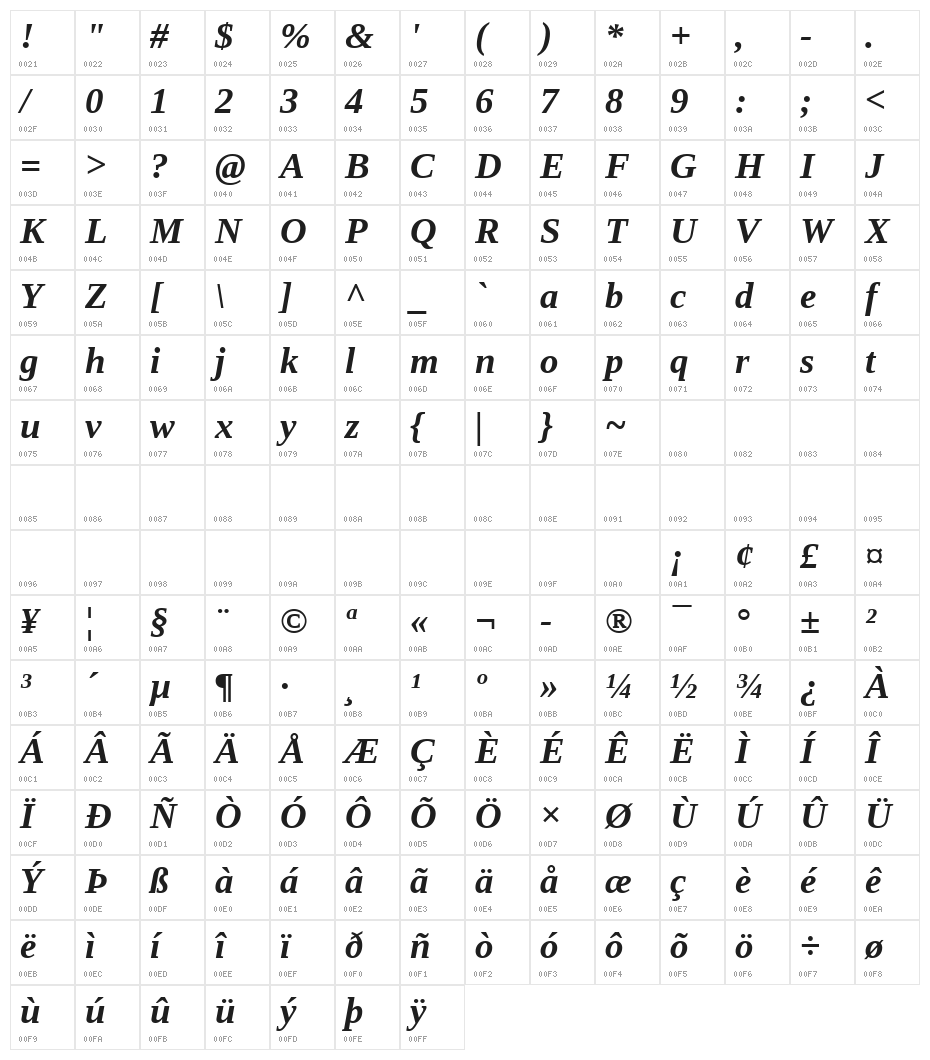 Liberation Serif Bold Italic Character Map