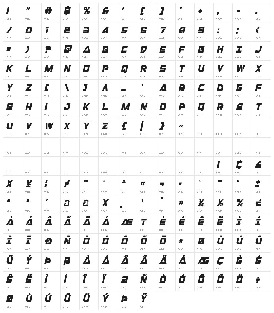 Liberty Island Condensed Italic Character Map