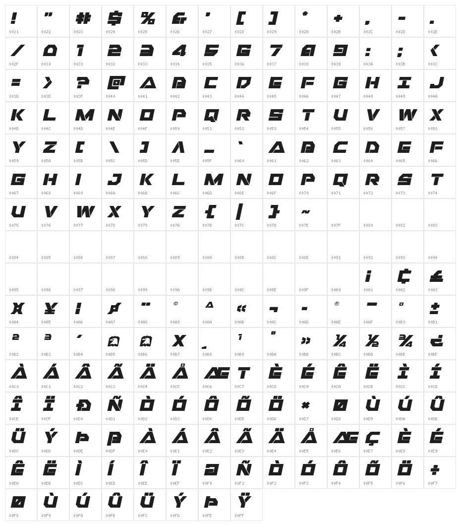 Liberty Island Expanded Italic Character Map