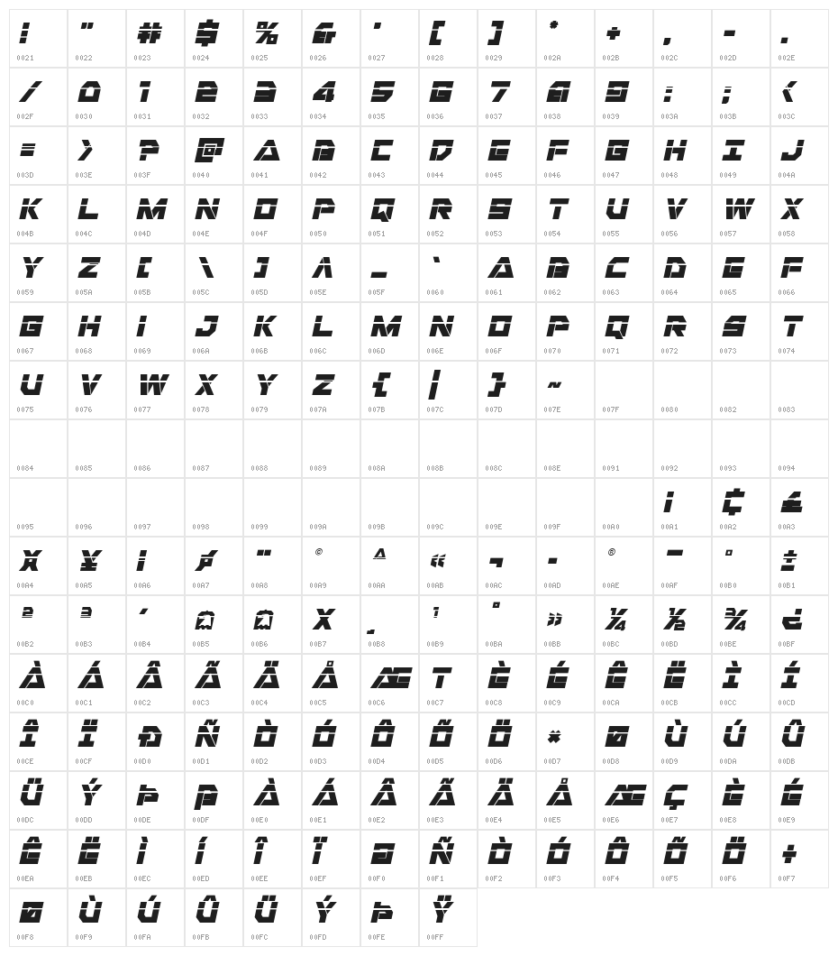 Liberty Island Laser Italic Character Map