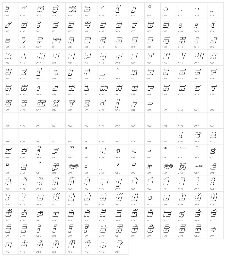 Liberty Legion 3D Laser Italic Character Map