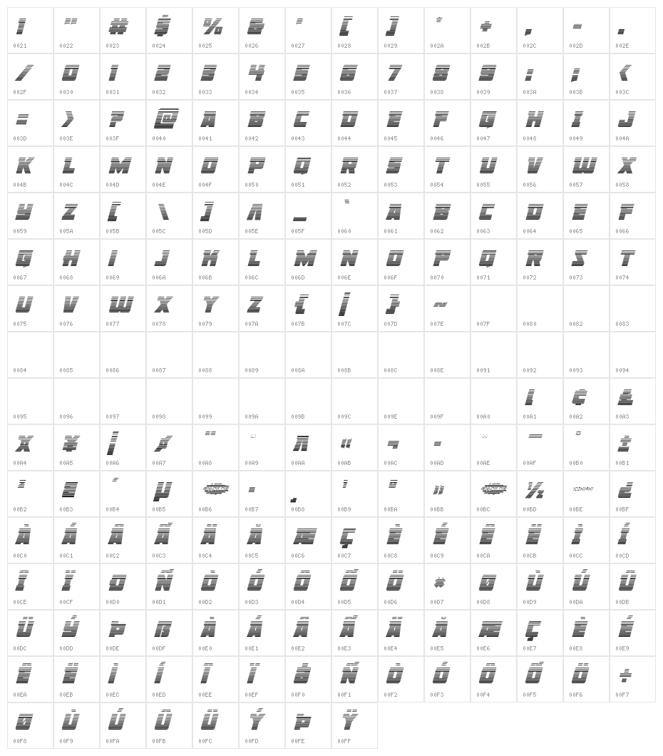 Liberty Legion Gradient Italic Character Map