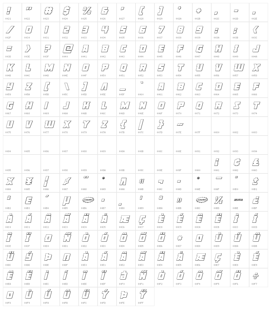 Liberty Legion Outline Italic Character Map