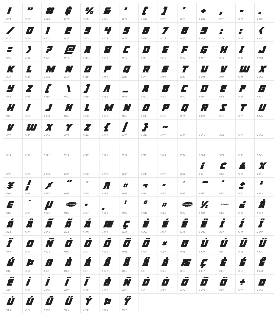 Liberty Legion Super-Italic Character Map