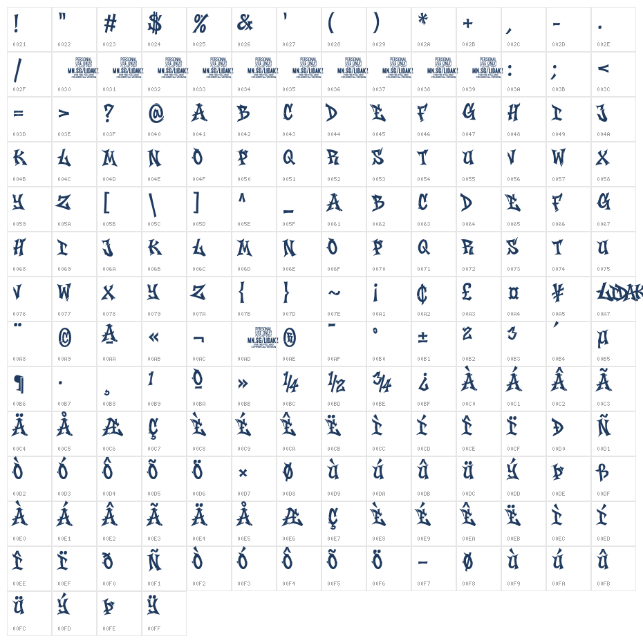Lidakz One PERSONAL USE Regular Character Map