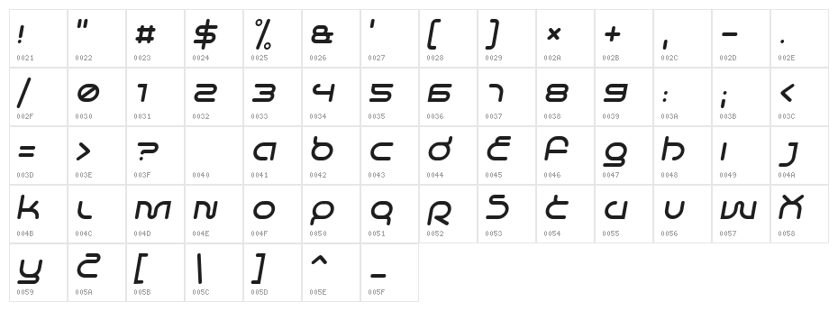 Life in Space Italic Character Map