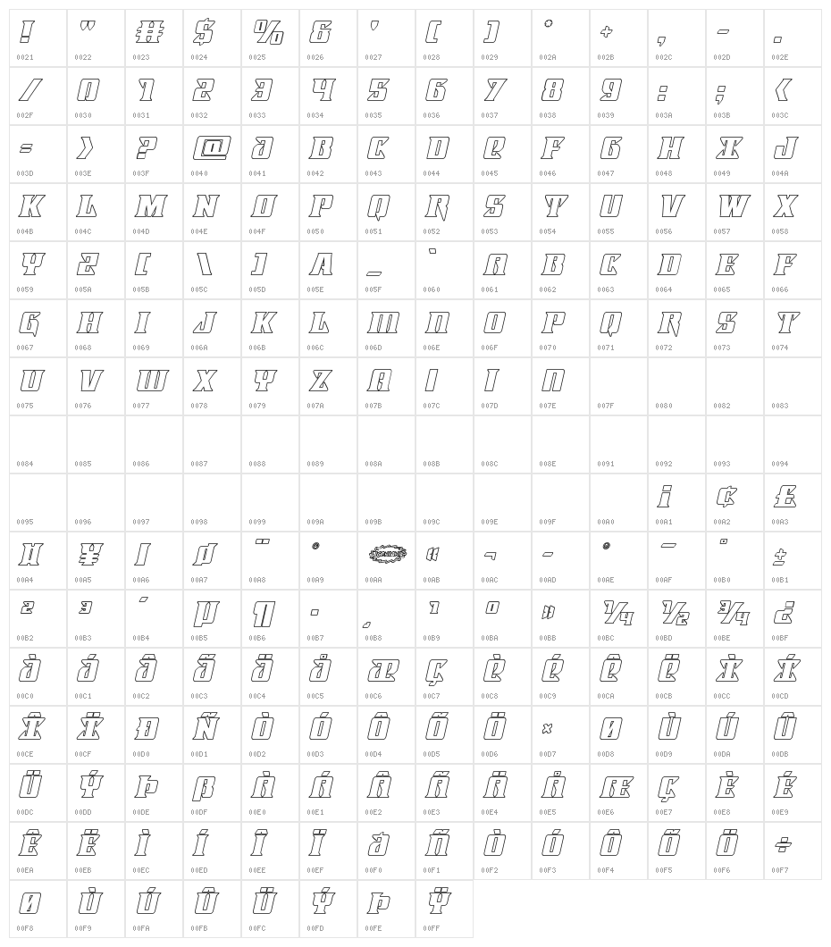Lifeforce Outline Italic Character Map