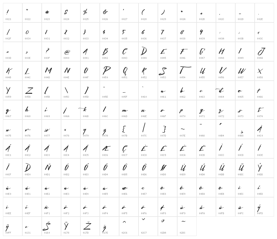 LighteningFreeFont Character Map