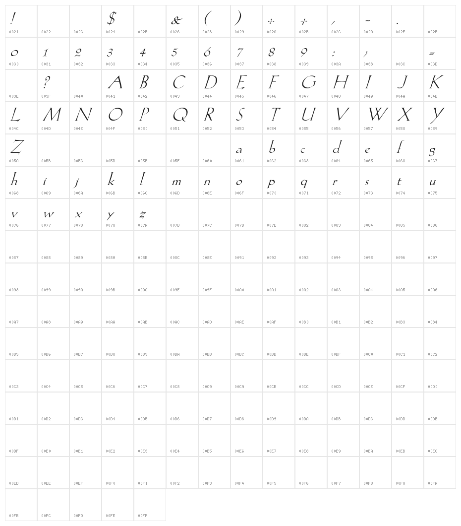 Lilith-Italic Character Map