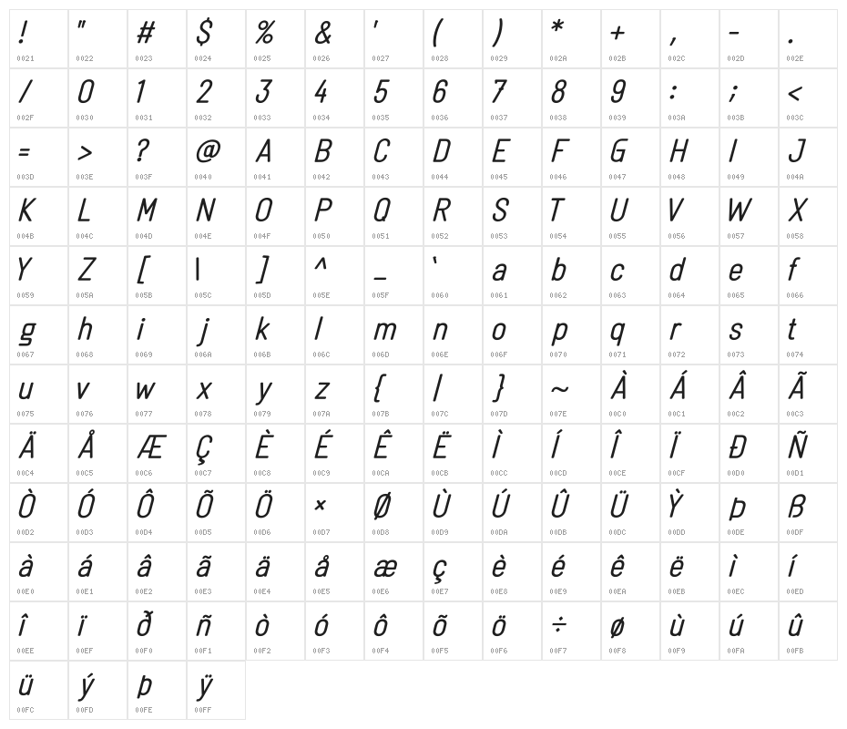 Linguineve Regular Italic Character Map