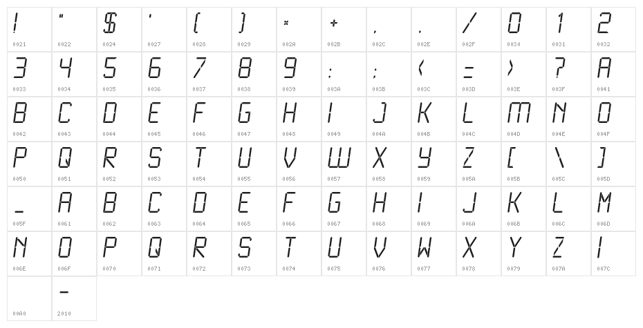 LiquidCrystal-LightItalic Character Map