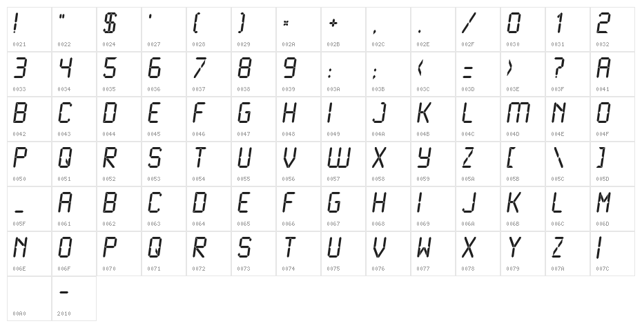 LiquidCrystal-RegularItalic Character Map