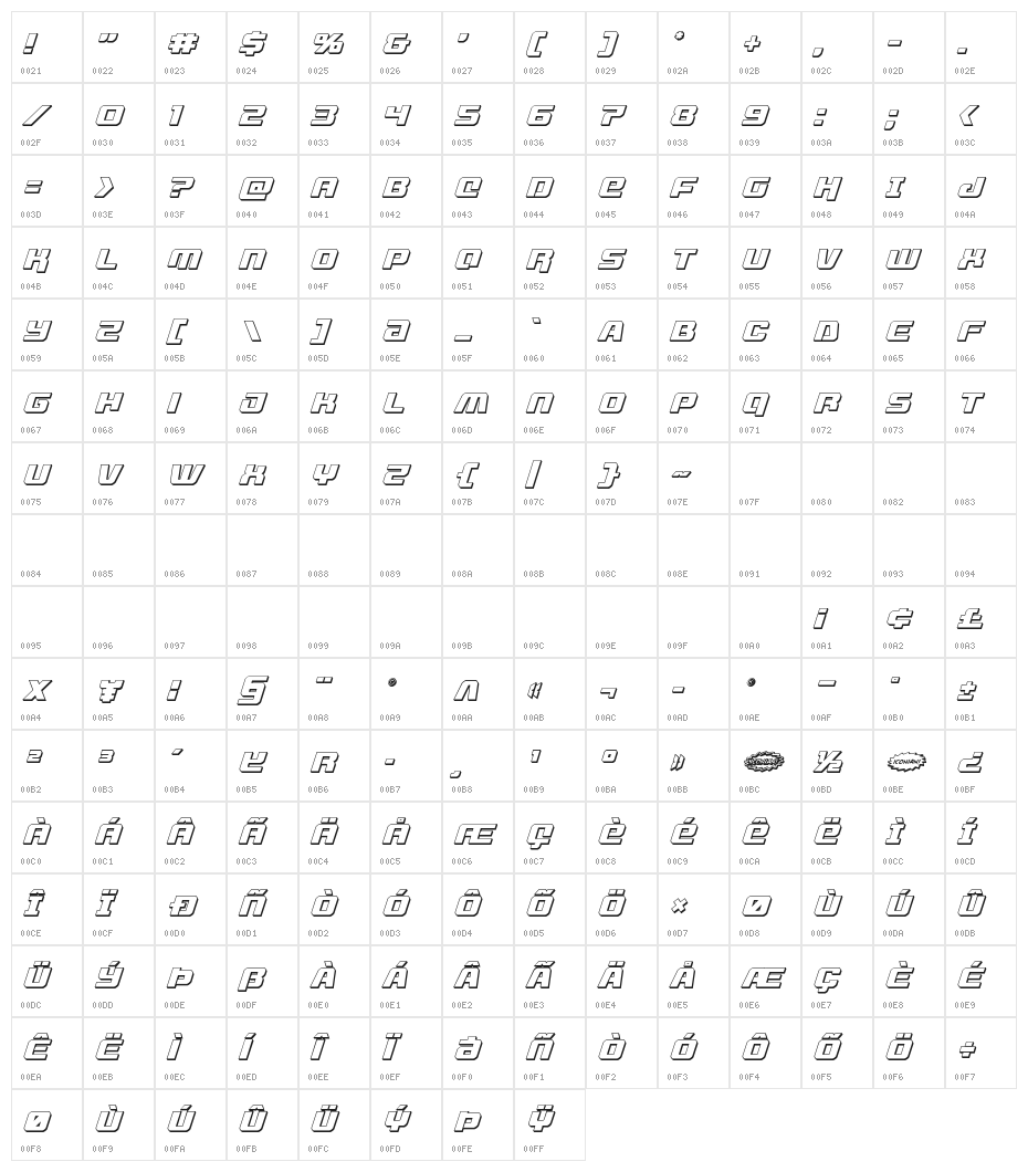 Livewired 3D Italic Character Map
