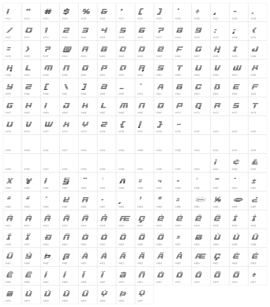 Livewired Gradient Italic Character Map