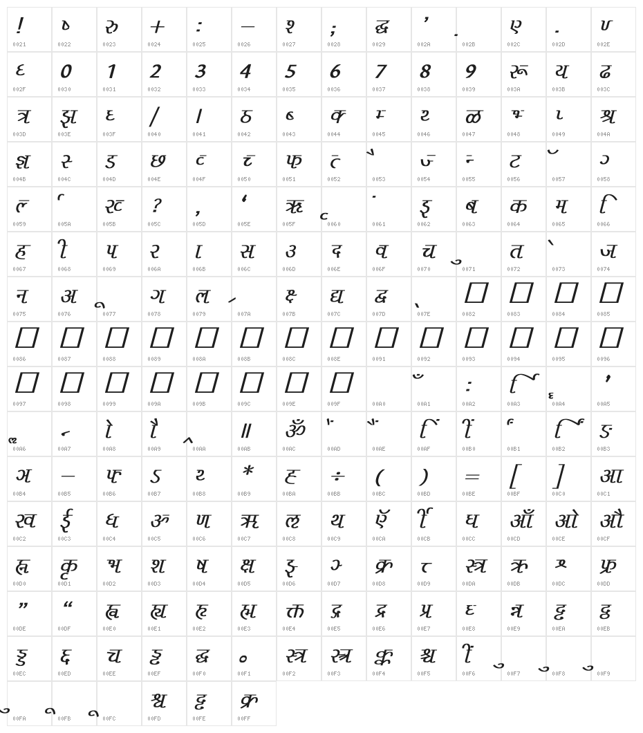 Liza Bold Italic Character Map