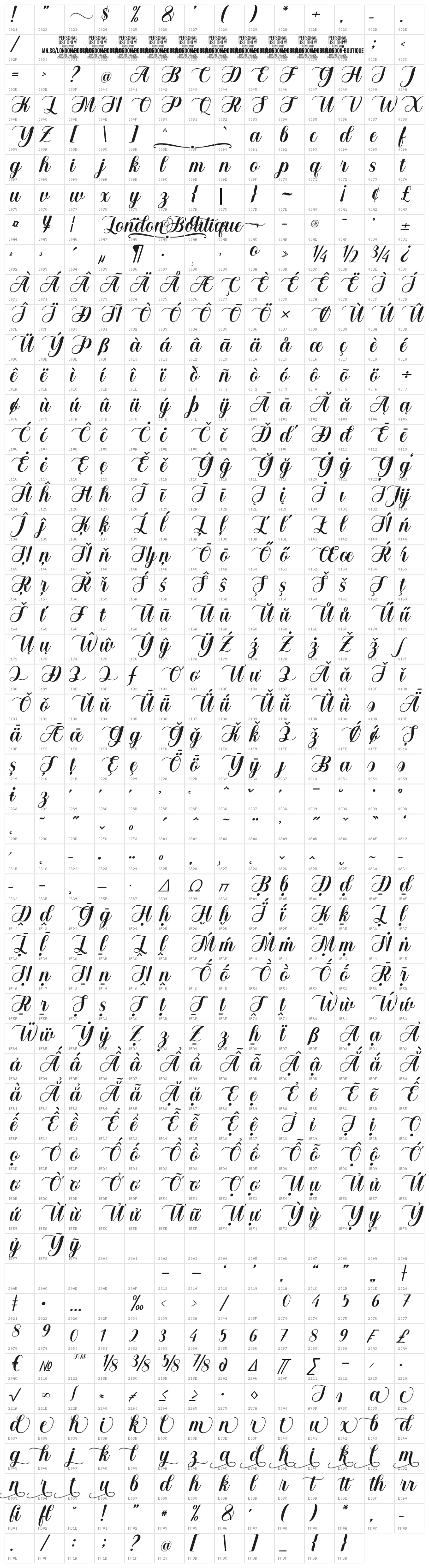 London Boutique PERSONAL USE Regular Character Map