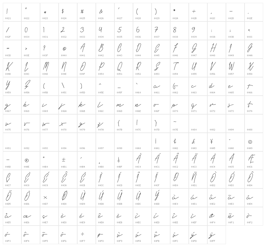 Long Liner Regular Script Character Map
