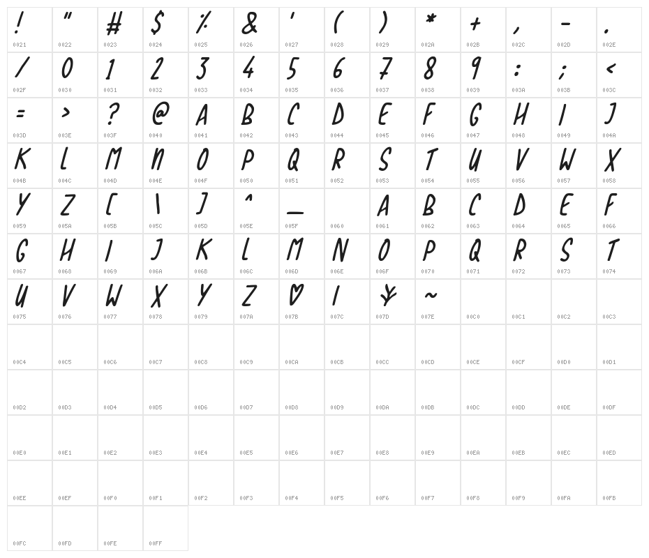 Love The Trees Italic Character Map