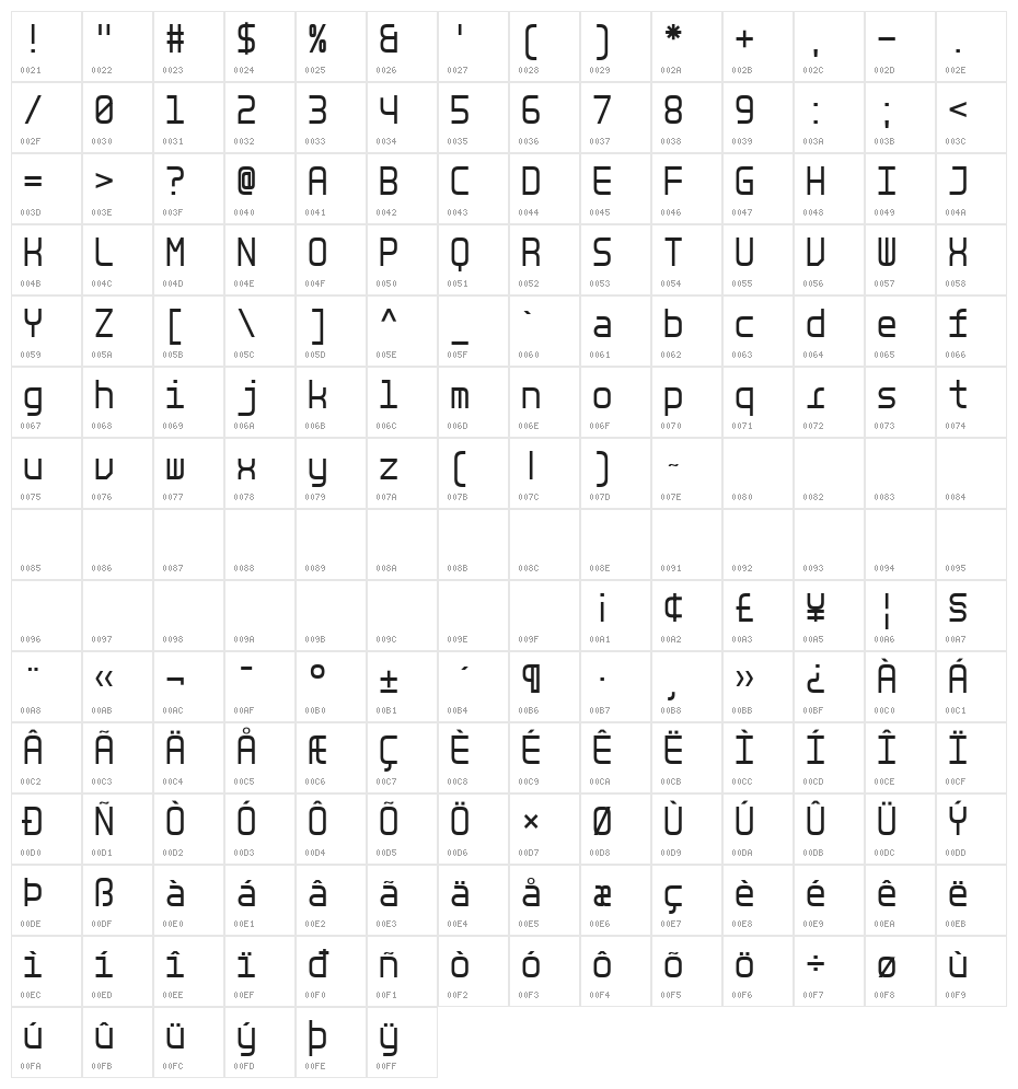 LT Binary Neue Regular Character Map