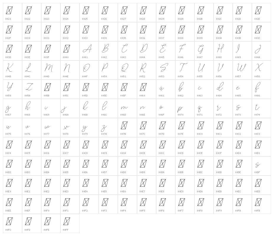 LucylaneFree-Slant Character Map