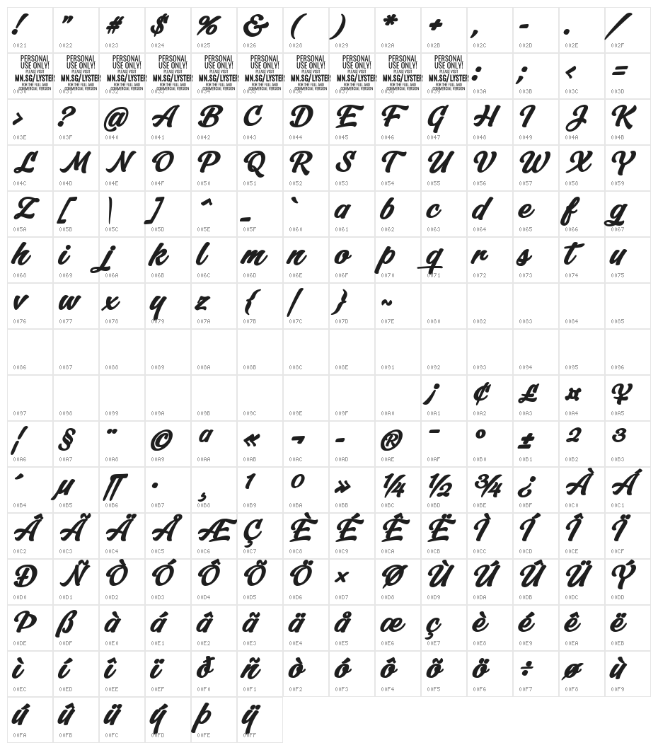 Lyster Bold PERSONAL USE ONLY Character Map