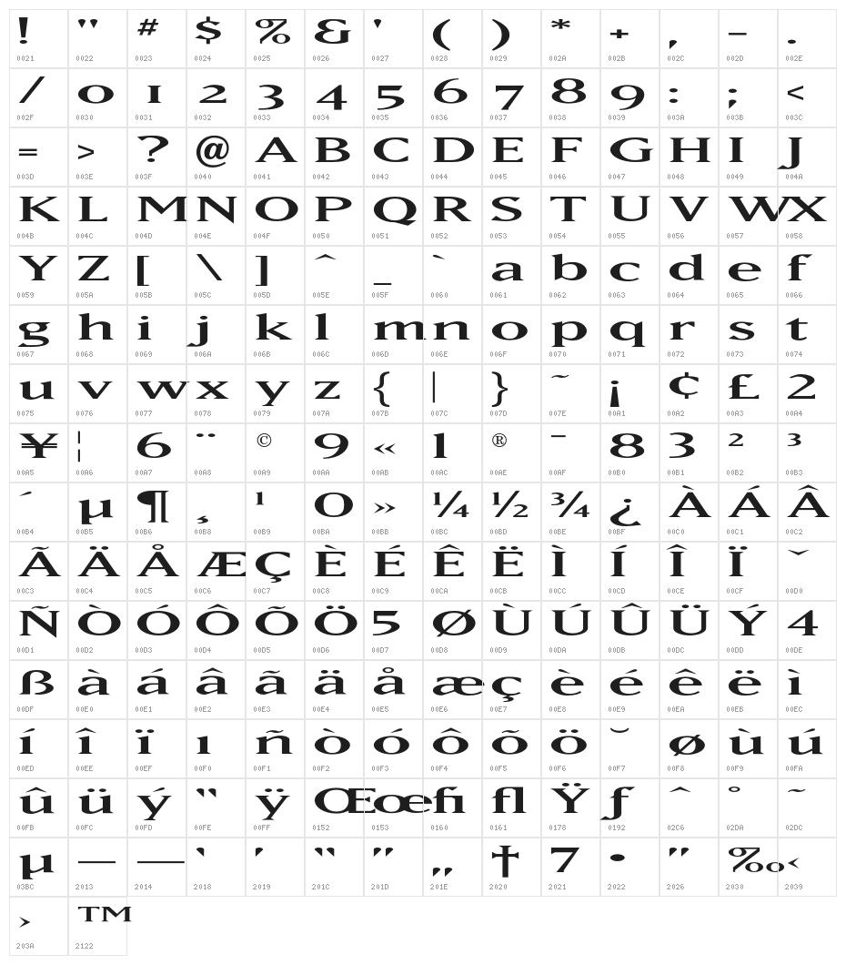 MAXBaerOpti-Wide Character Map