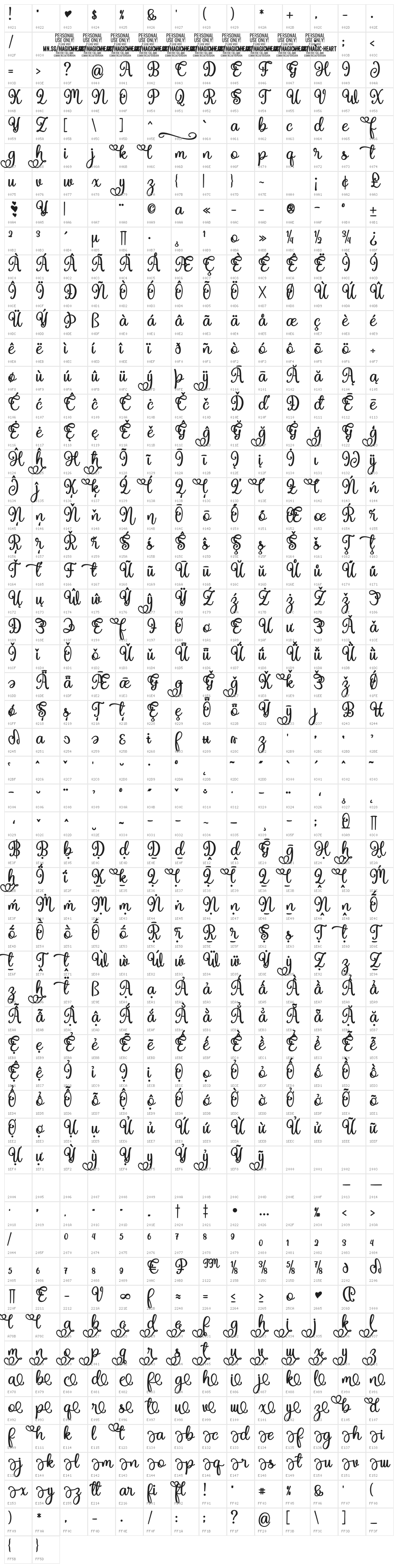 Magic Heart Bold PERSONAL USE Bold Character Map