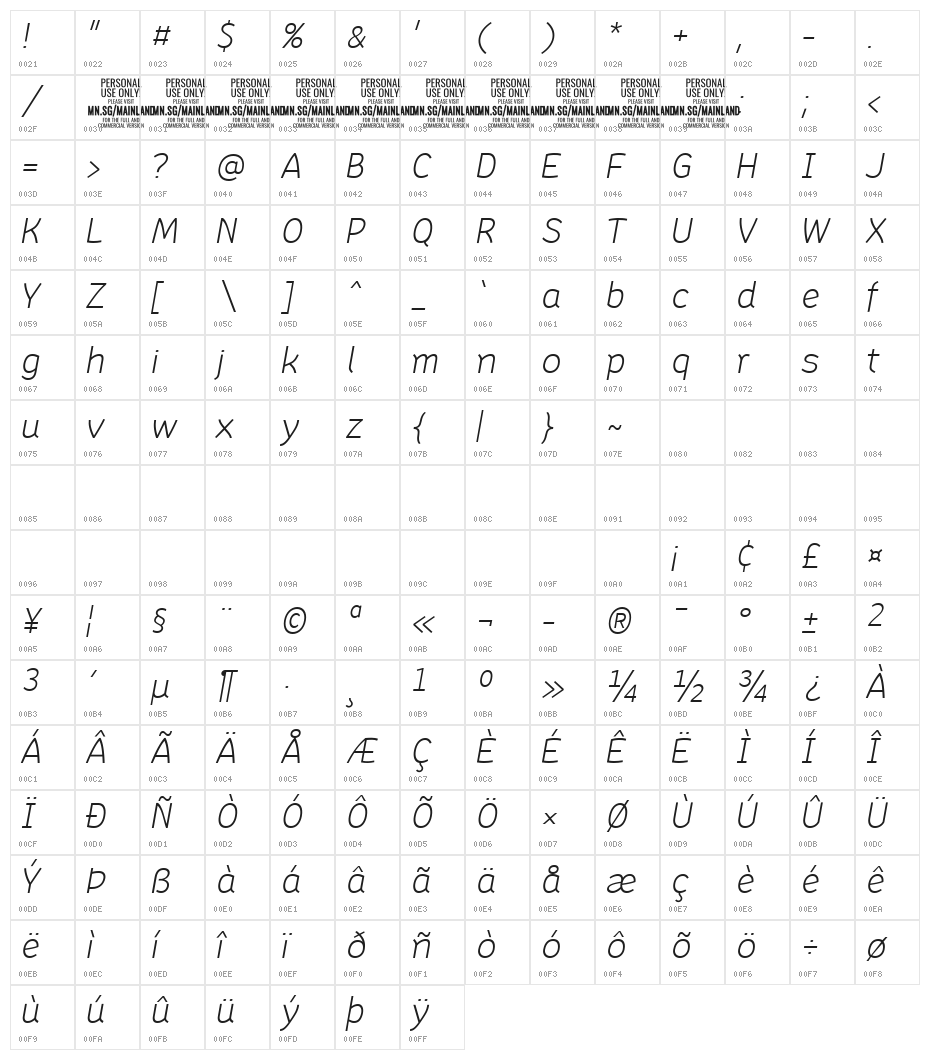 Mainland PERSONAL Light Italic Character Map