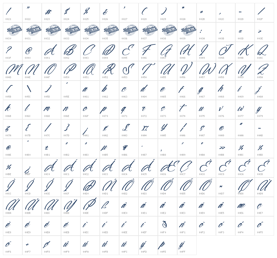 Majestric DEMO VERSION Italic Character Map